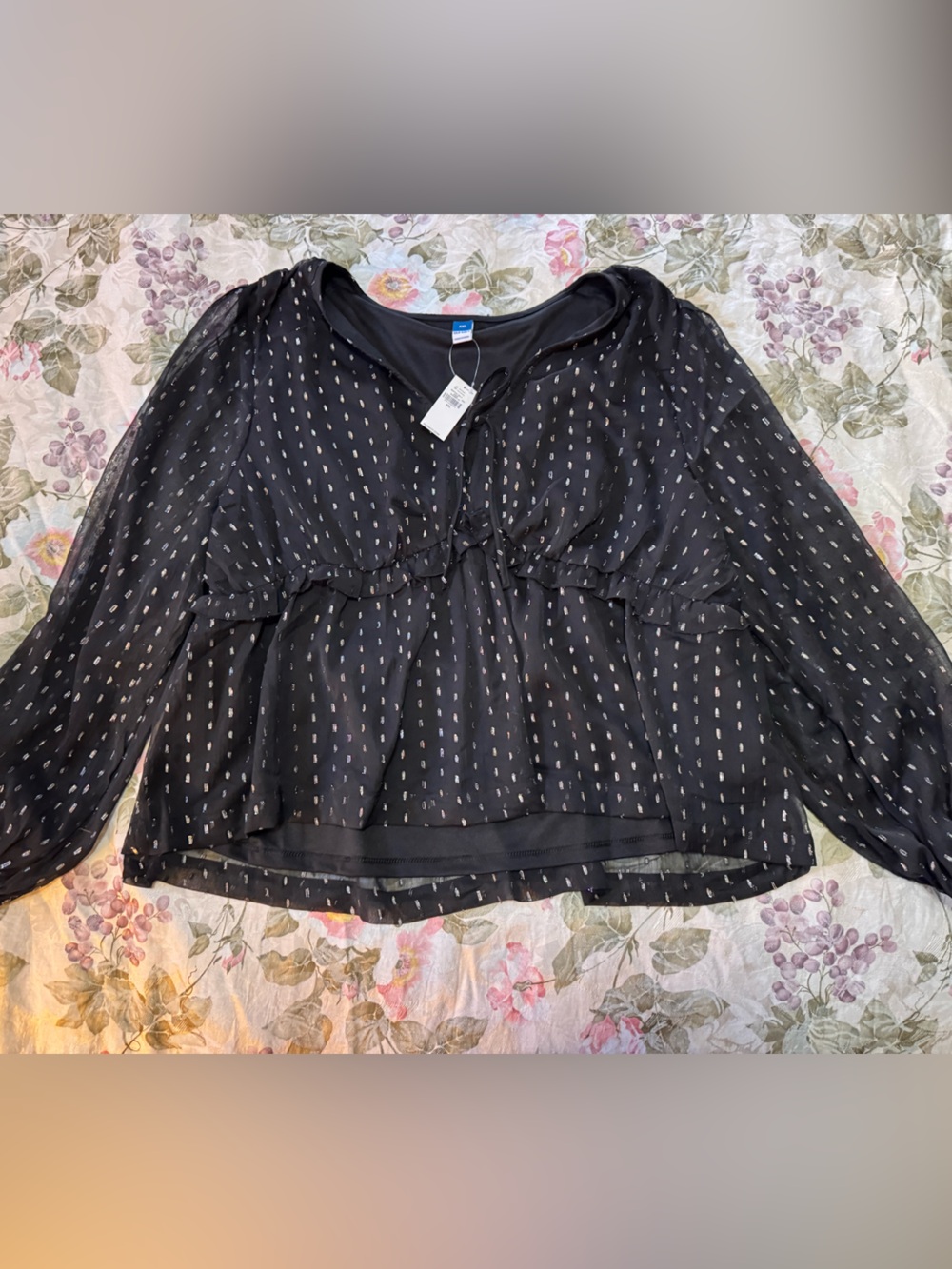Old Navy XXL Black Metallic Clip Dot Tie Front Peplum Blouse NWT